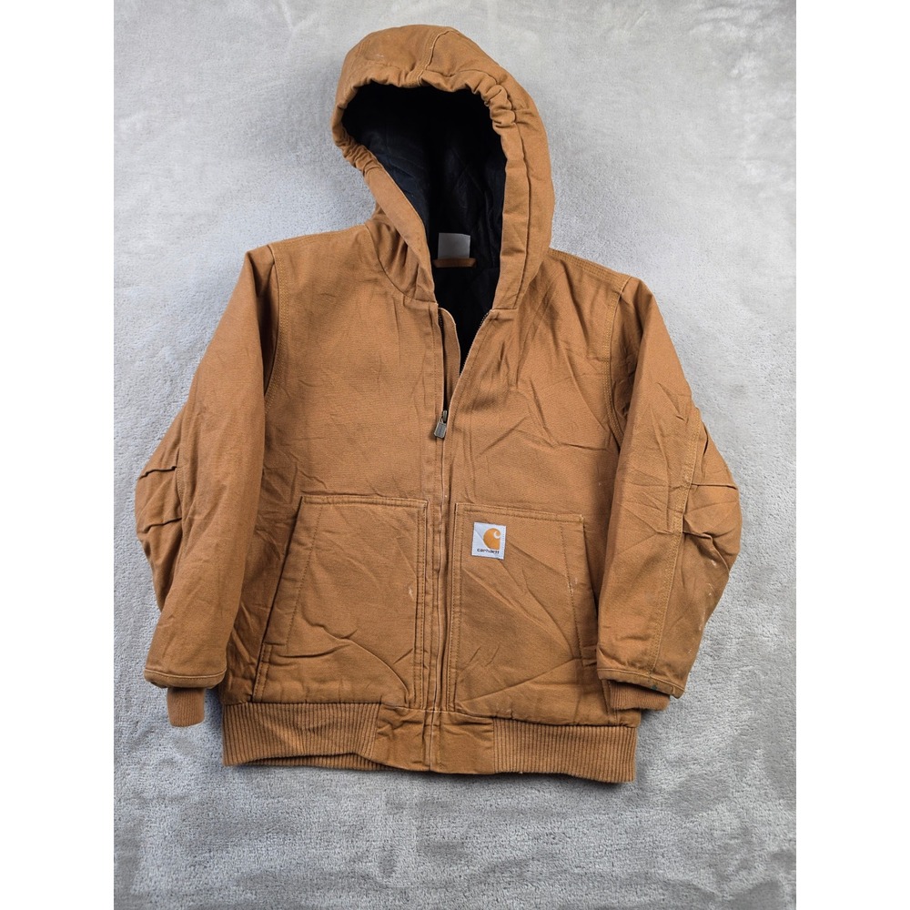 Carhartt Active Jacket Kids Size S (7-8) Brown Canvas Quilt Lined Hooded Coat